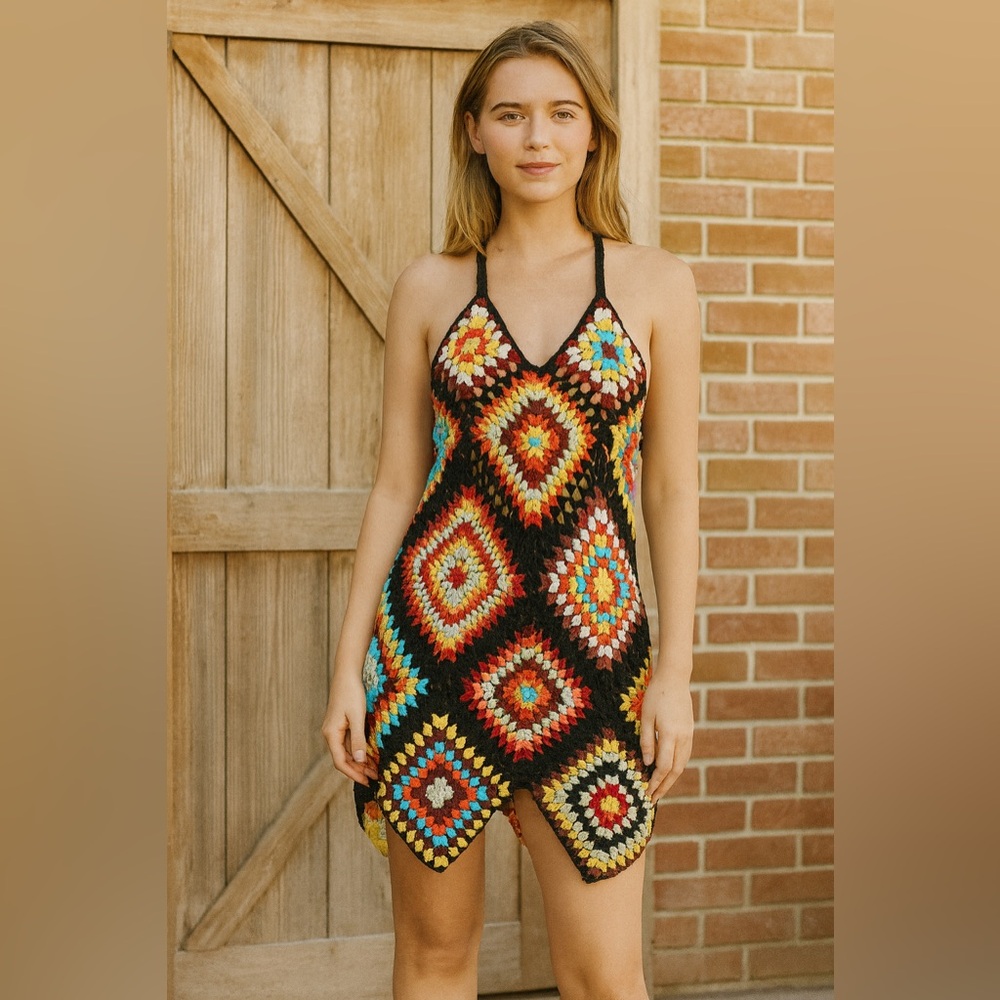 POL Crochet Granny Square Mini Dress Swim Coverup– One Size Fits Most – NWOT